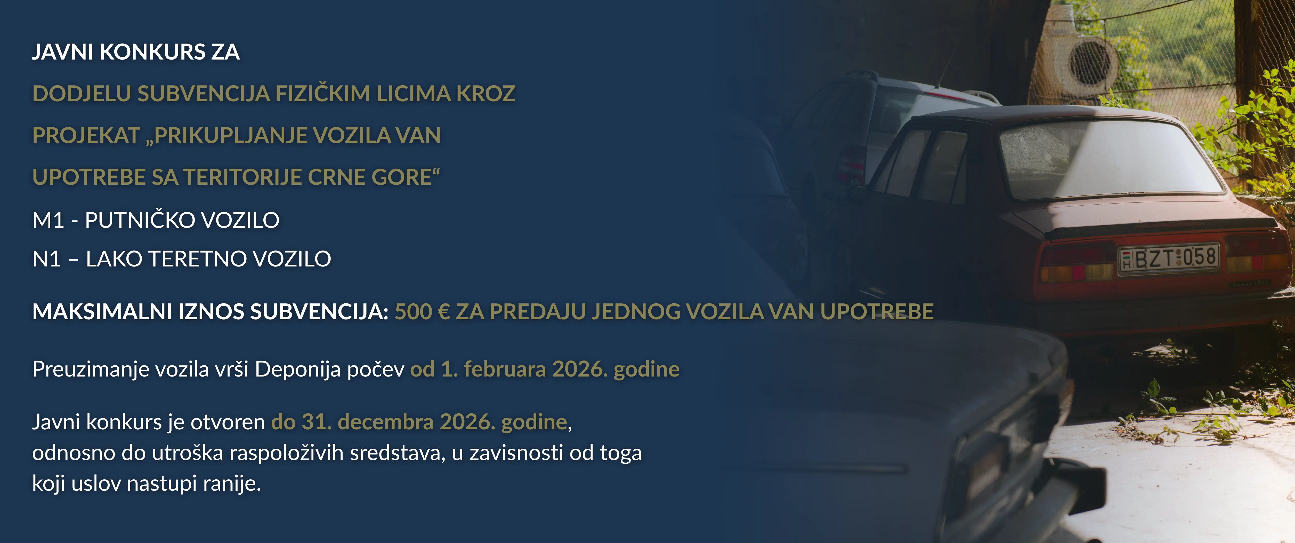 Javni konkurs za dodjelu bespovratnih sredstava građanima za predaju starih vozila