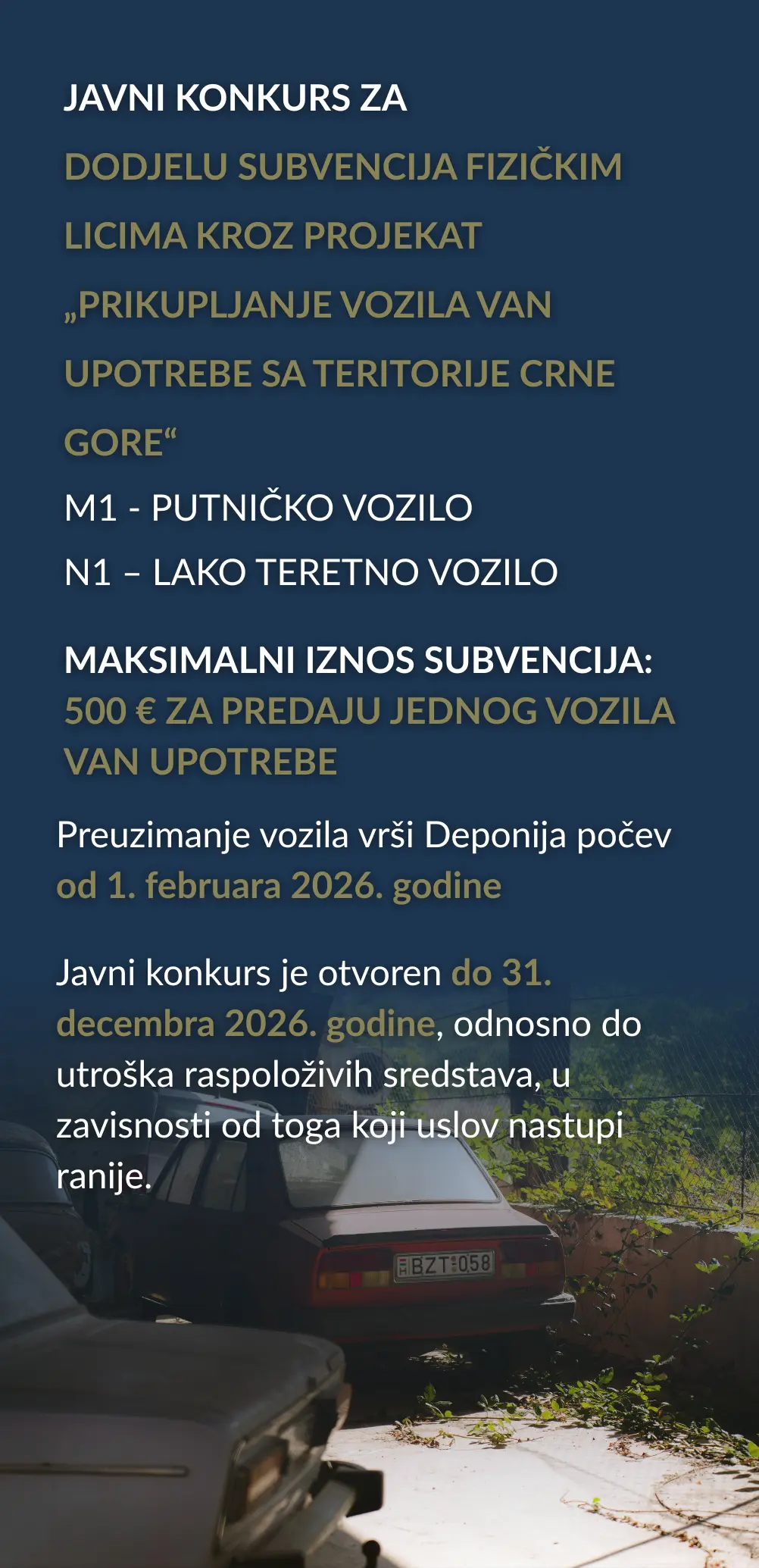 Javni konkurs za dodjelu bespovratnih sredstava građanima za predaju starih vozila